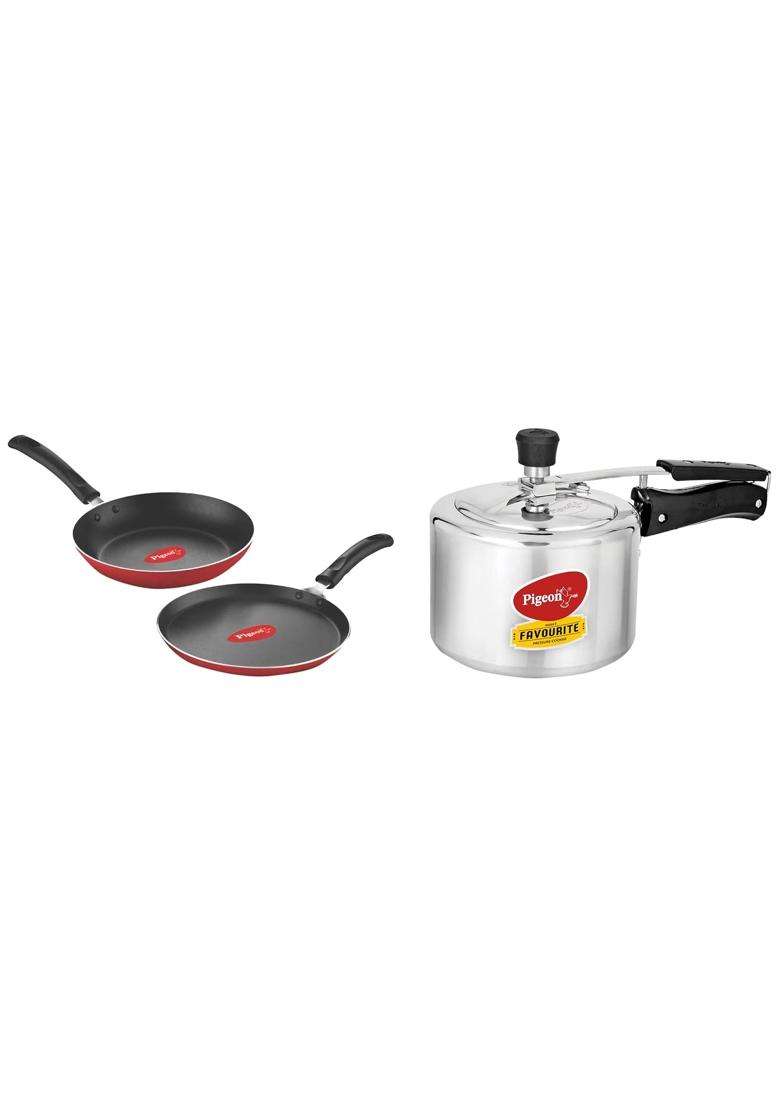 Pigeon Aluminium Nonstick Duo Pack Flat Tawa Flat Griddle 250 and Fry Pan 200 Gift Set | 3 L | 3.2 Qt | Induction Compatible - Indya