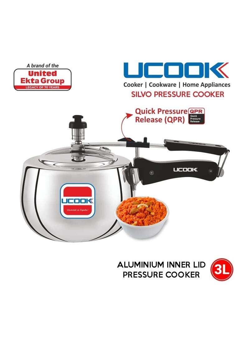 UCOOK By United Ekta Group Silvo Bulging Shape Aluminium Inner Lid Non-Induction | 3 L | 3.2 Qt - Indya