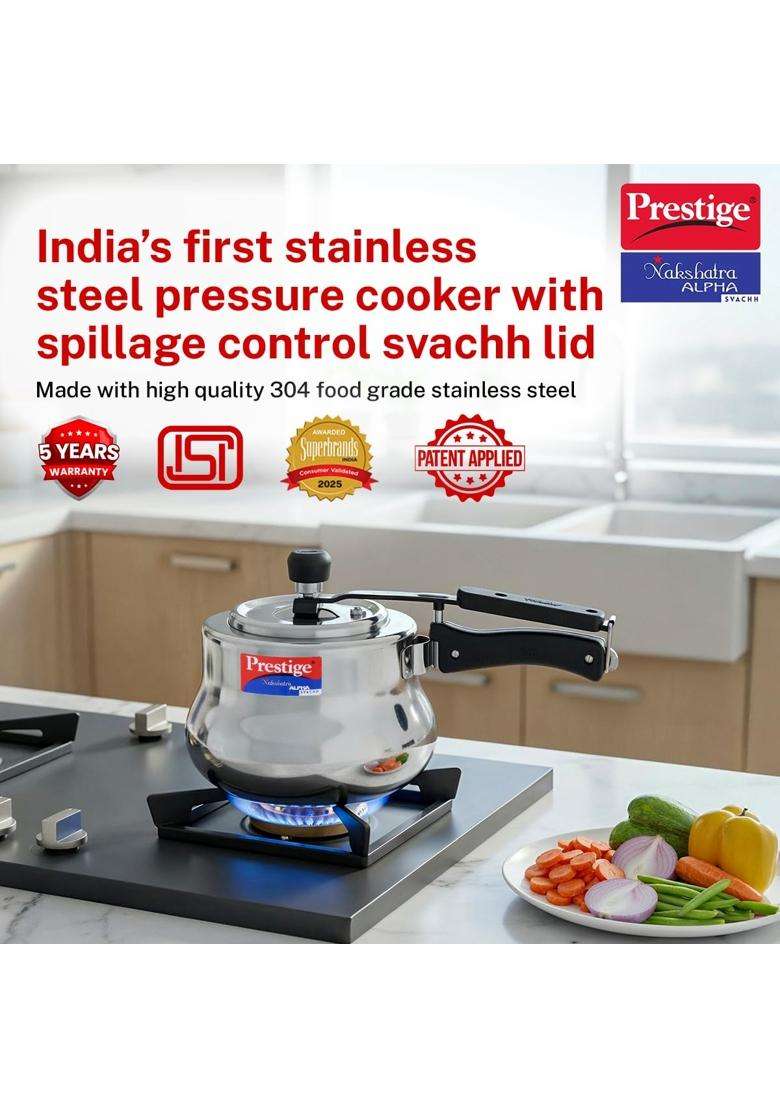 Prestige Stainless Steel Nakshatra Alpha Svachh Inner Lid Pressure Cooker | 3.5 L | 3.7 Qt | Induction Compatible | Tri-Ply - Indya
