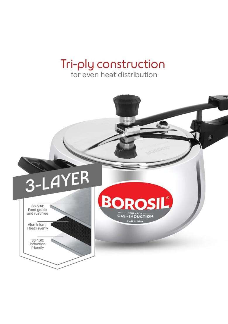 Borosil Triply Pressure Cooker with Inner Lid | 5 L | 5.3 Qt | Induction Compatible | Dishwasher Safe | Food Safe - Indya
