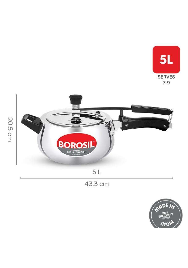 Borosil Triply Pressure Cooker with Inner Lid | 5 L | 5.3 Qt | Induction Compatible | Dishwasher Safe | Food Safe - Indya