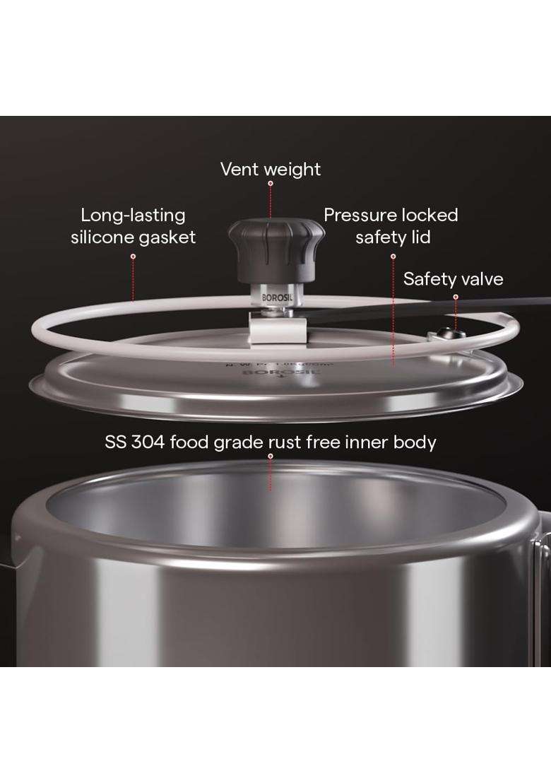 Borosil Triply Pressure Cooker with Inner Lid | 5 L | 5.3 Qt | Induction Compatible | Dishwasher Safe | Food Safe - Indya