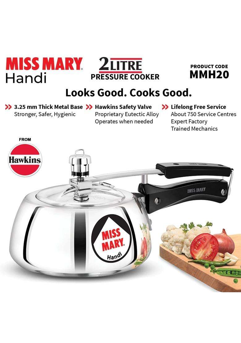 Hawkins Miss Mary Aluminium Inner Lid Handi Cooking Pot Pressure Cooker | 2 L | 2.1 Qt - Indya