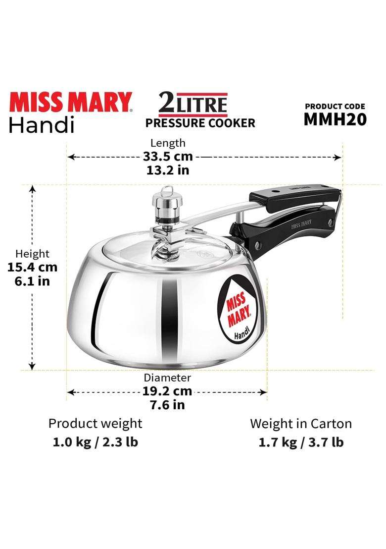 Hawkins Miss Mary Aluminium Inner Lid Handi Cooking Pot Pressure Cooker | 2 L | 2.1 Qt - Indya