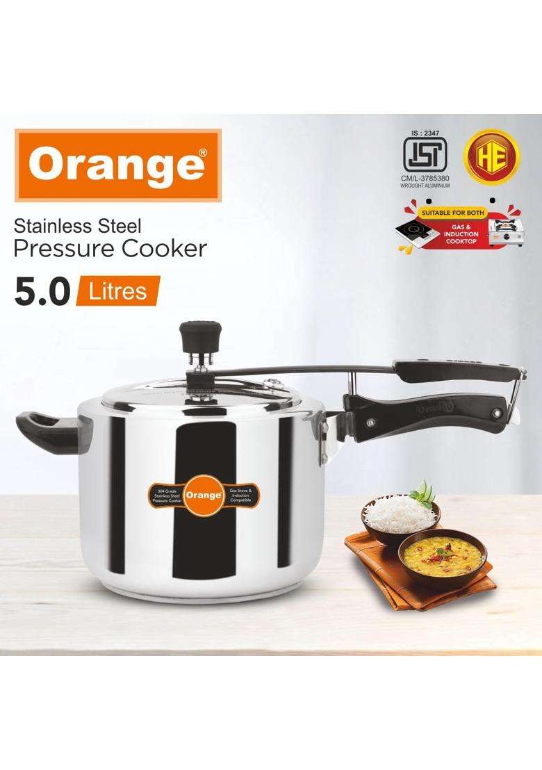 Orange Stainless Steel Inner Lid Pressure Cooker | 5 L | 5.3 Qt | Induction Compatible - Indya