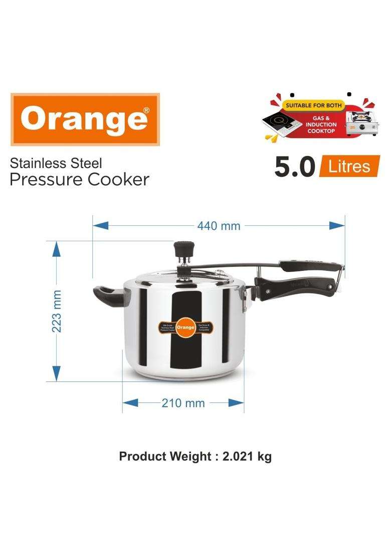Orange Stainless Steel Inner Lid Pressure Cooker | 5 L | 5.3 Qt | Induction Compatible - Indya
