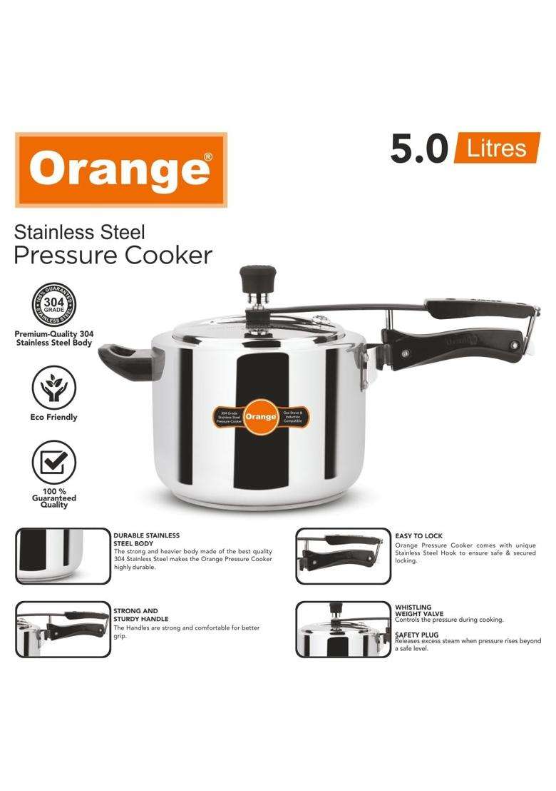 Orange Stainless Steel Inner Lid Pressure Cooker | 5 L | 5.3 Qt | Induction Compatible - Indya