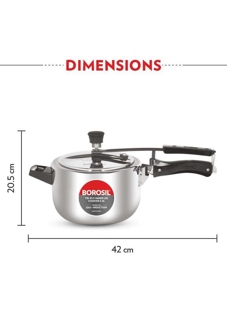 Borosil Triply Pressure Cooker | 3.5 L | 3.7 Qt | Induction Compatible | Dishwasher Safe | Food Safe - Indya