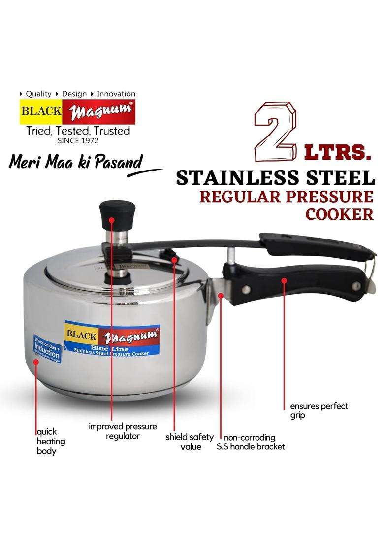 Black Magnum Basics SSR-1 Stainless Steel Induction Compatible Inner Lid Pressure Cooker | 2 L | 2.1 Qt - Indya