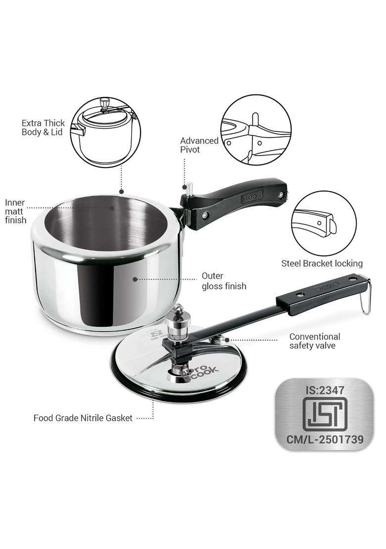 MILTON Pro Cook Sandwich Bottom Stainless Steel Pressure Cooker with Inner Lid | 2 L | 2.1 Qt | Induction Compatible | Food Safe - Indya