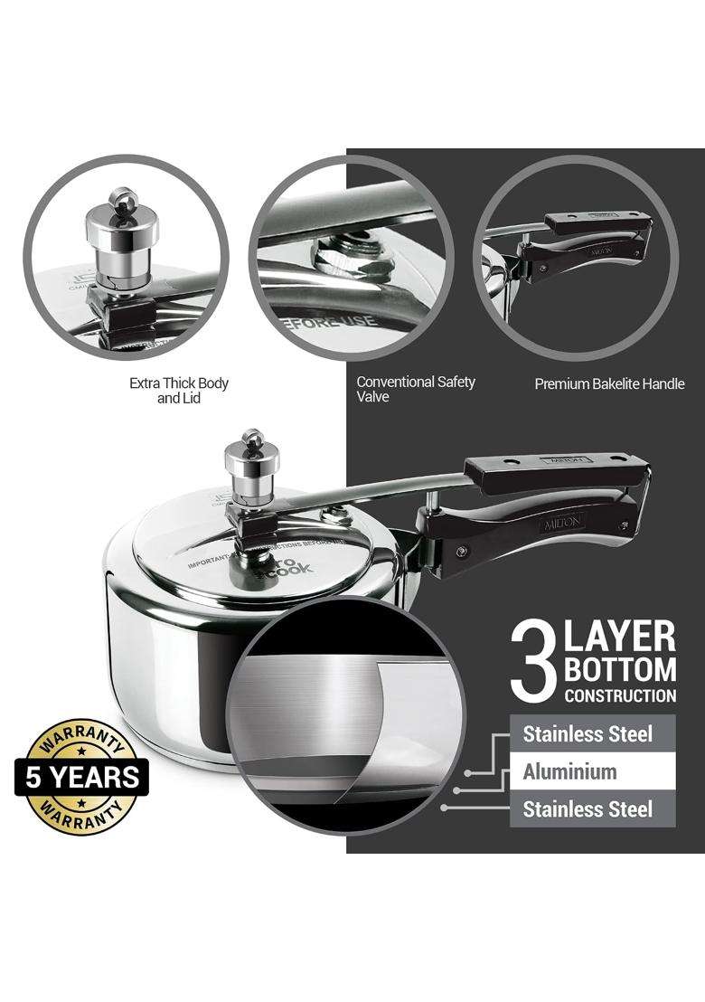 MILTON Pro Cook Sandwich Bottom Stainless Steel Pressure Cooker with Inner Lid | 2 L | 2.1 Qt | Induction Compatible | Food Safe - Indya