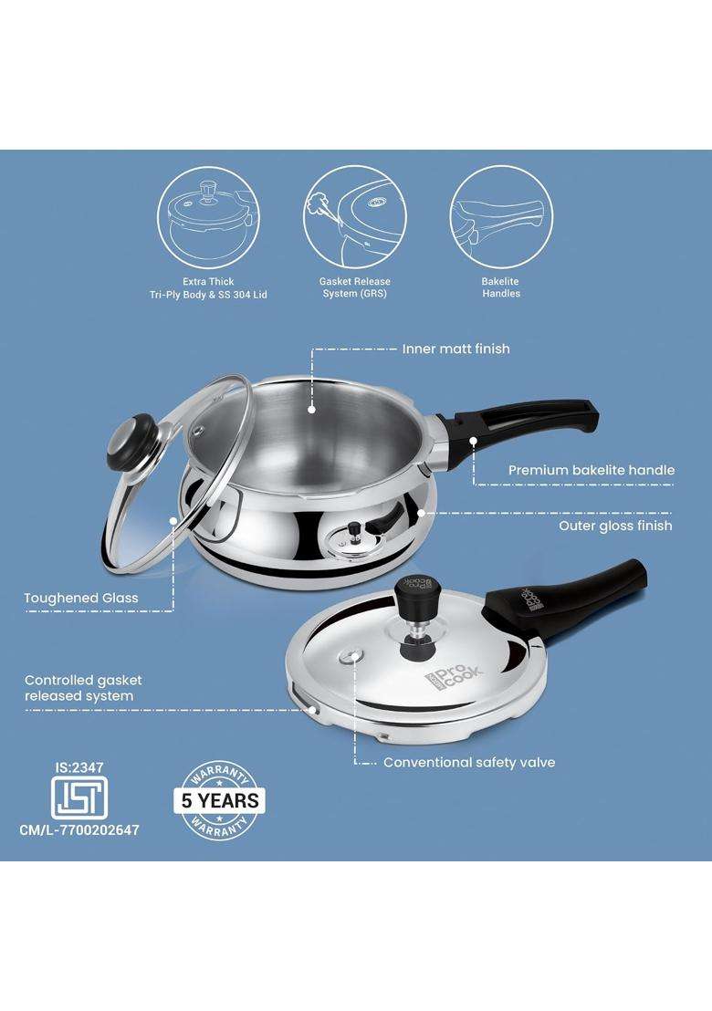 MILTON Pro cook Induction Cookware and Gas Stove Friendly Triply Stainless Steel Pressure Cooker | 3.5 L | 3.7 Qt - Indya