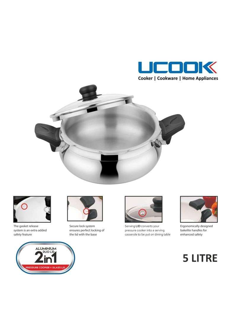 UCOOK By United Ekta Group Aluminium Duo Lid 1 Induction Base Handi Cooking Pot Shape | 5 L | 5.3 Qt - Indya