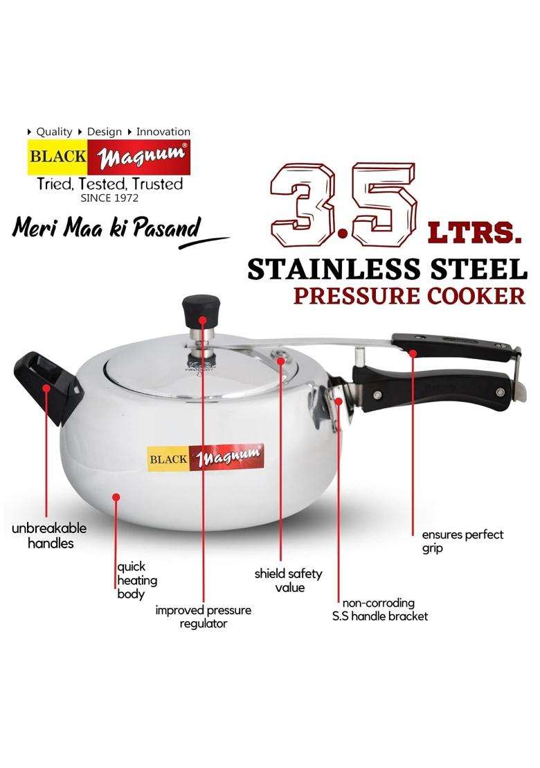 Black Magnum White Series Handi Cooking Pot Pressure Cooker Induction Compatible Model No | 3.5 L | 3.7 Qt - Indya