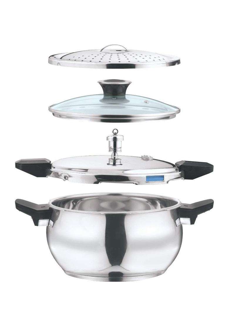 Vinod 18 8 Stainless Steel Magic Outer Lid Pressure Cooker | 5.5 L | 5.8 Qt | Induction Compatible - Indya