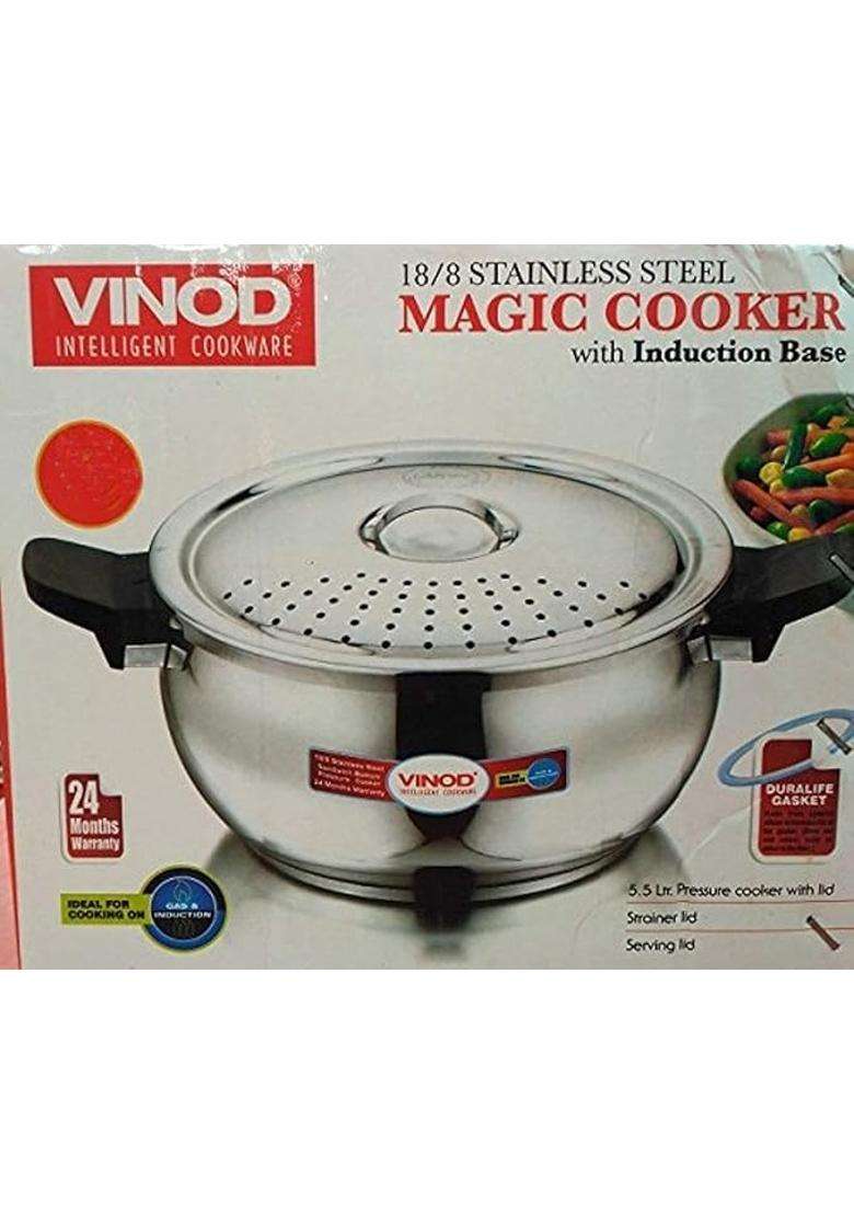 Vinod 18 8 Stainless Steel Magic Outer Lid Pressure Cooker | 5.5 L | 5.8 Qt | Induction Compatible - Indya
