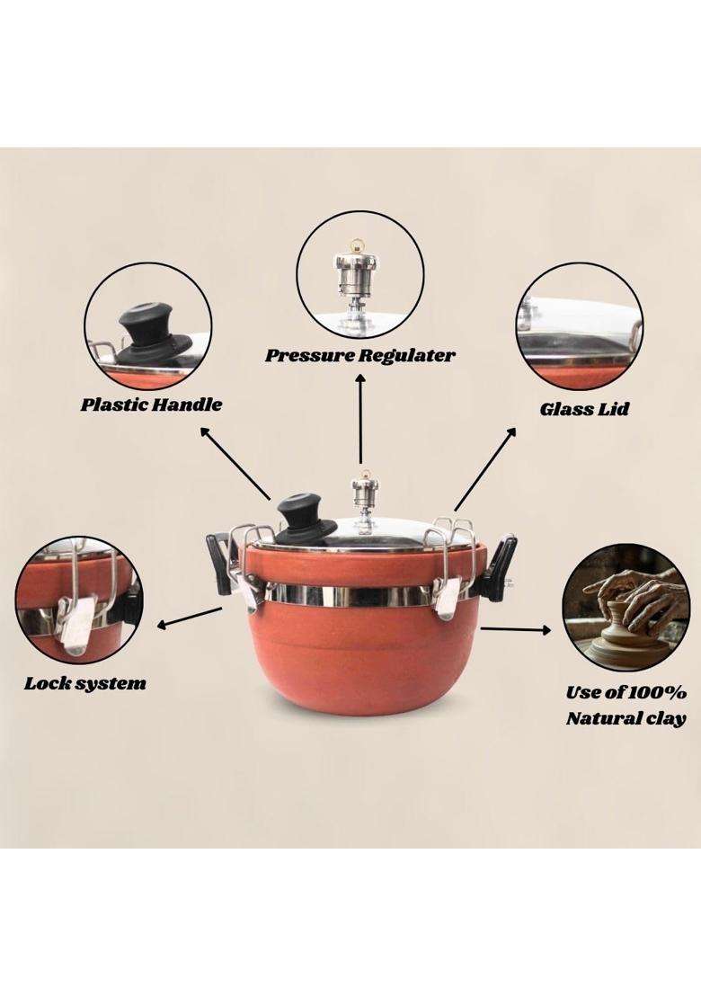 Terra Charms Clay Cooker Natural Mitti Pressure Cooking Pot | 3 L | 3.2 Qt - Indya