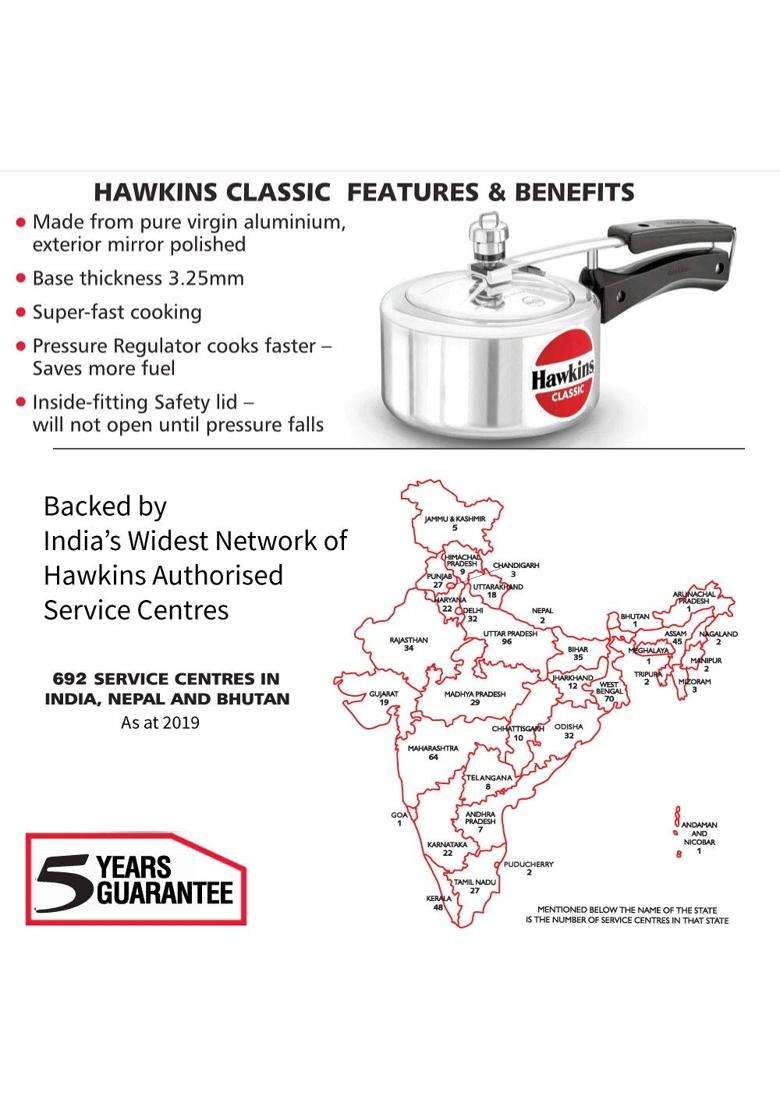 Hawkins Classic Pressure Cooker | 1.5 L | 1.6 Qt | Induction Compatible | With Lid - Indya