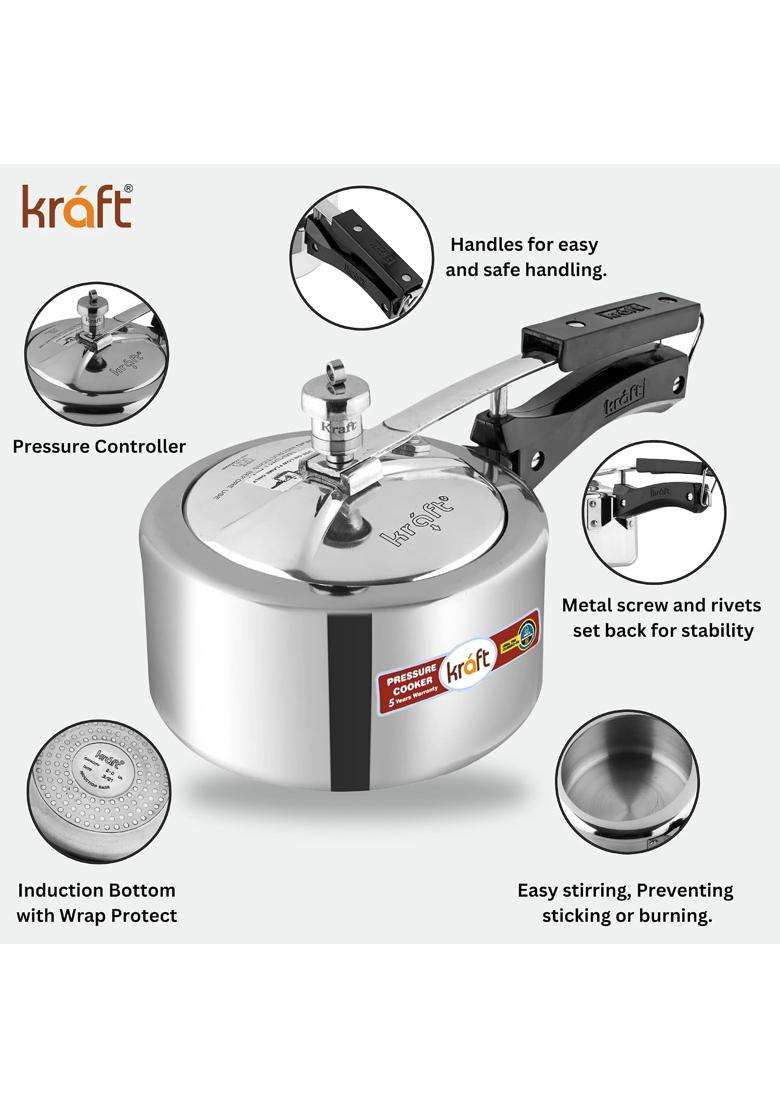 Kraft- follow your imagination Kraft Classic Aluminium Inner Lid Pressure Cooker Large | 5 L | 5.3 Qt | Induction Compatible - Indya