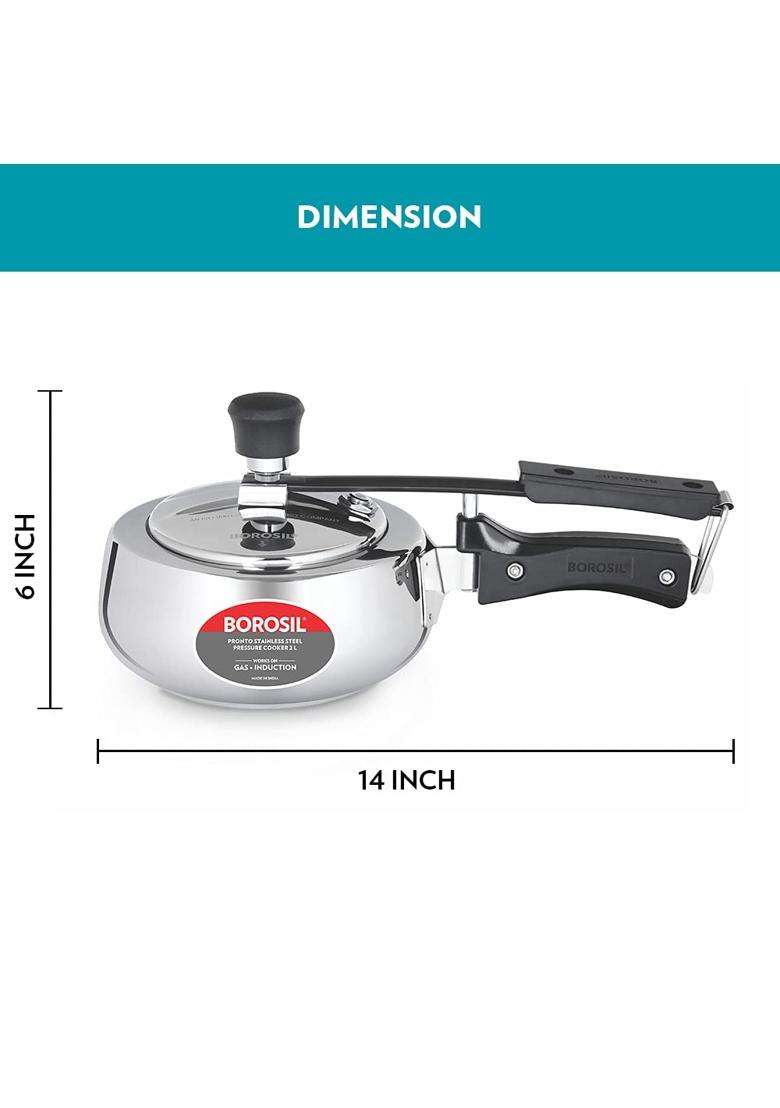 Borosil Pronto Stainless Steel Pressure Cooker with Inner Lid | 2 L | 2.1 Qt | Induction Compatible | Food Safe - Indya