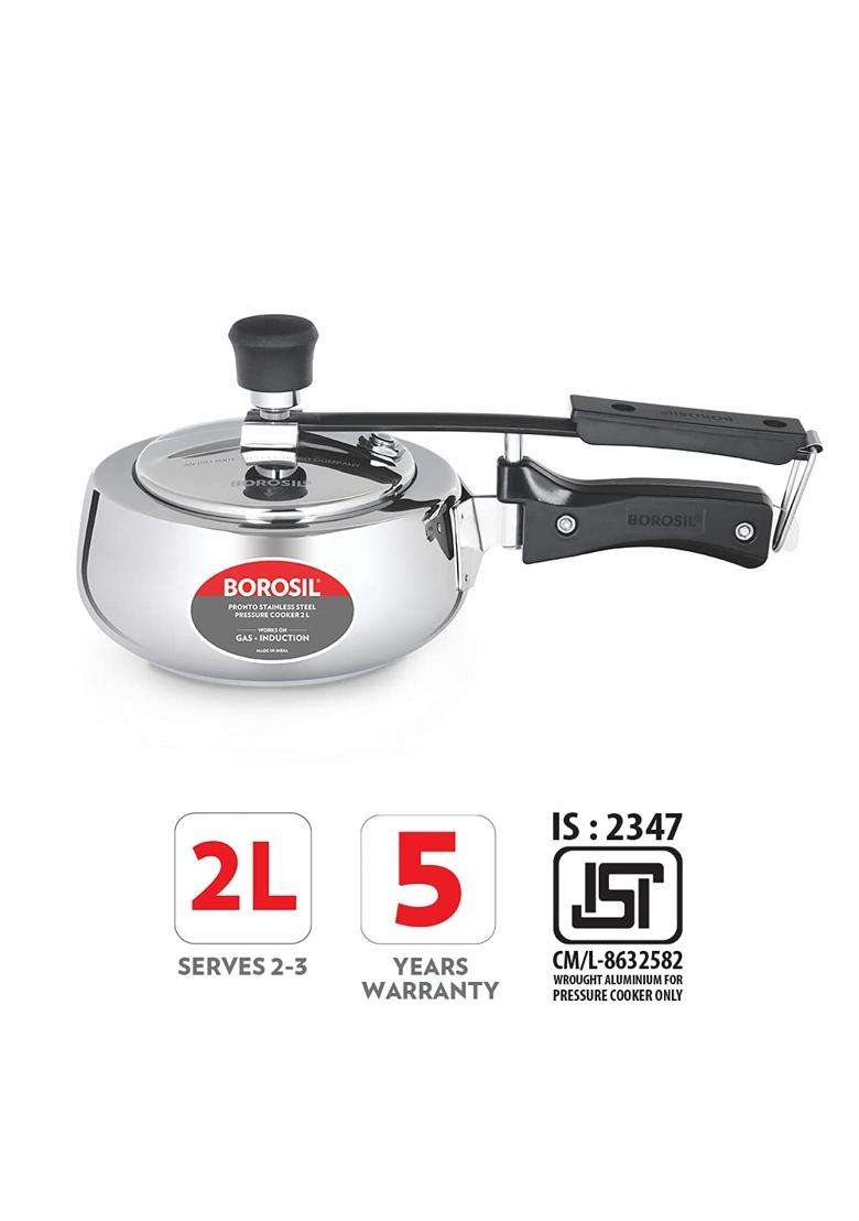 Borosil Pronto Stainless Steel Pressure Cooker with Inner Lid | 2 L | 2.1 Qt | Induction Compatible | Food Safe - Indya
