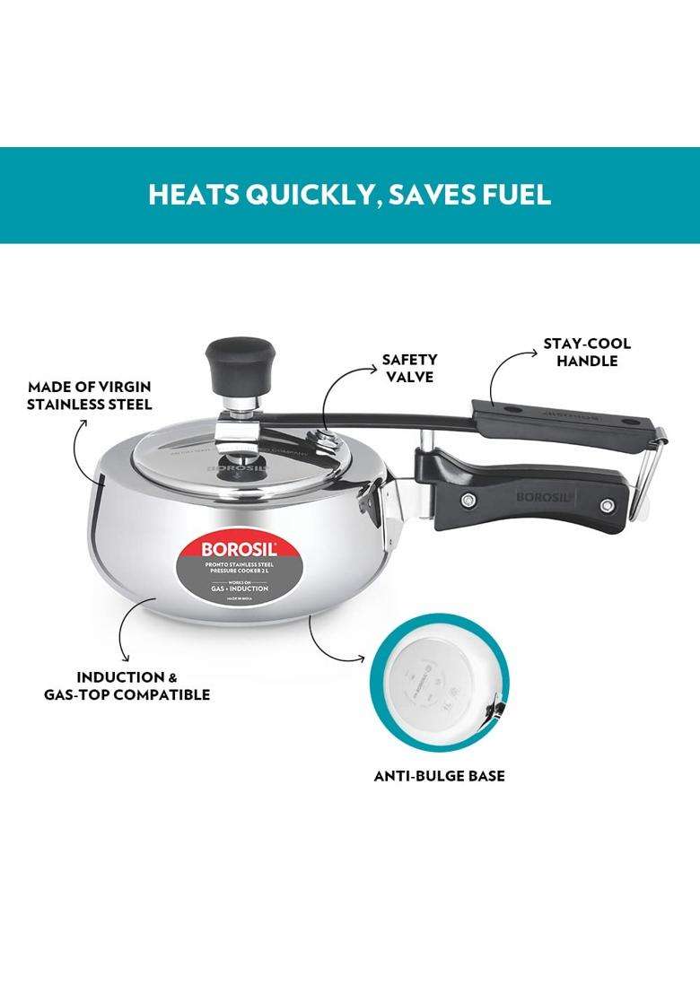 Borosil Pronto Stainless Steel Pressure Cooker with Inner Lid | 2 L | 2.1 Qt | Induction Compatible | Food Safe - Indya