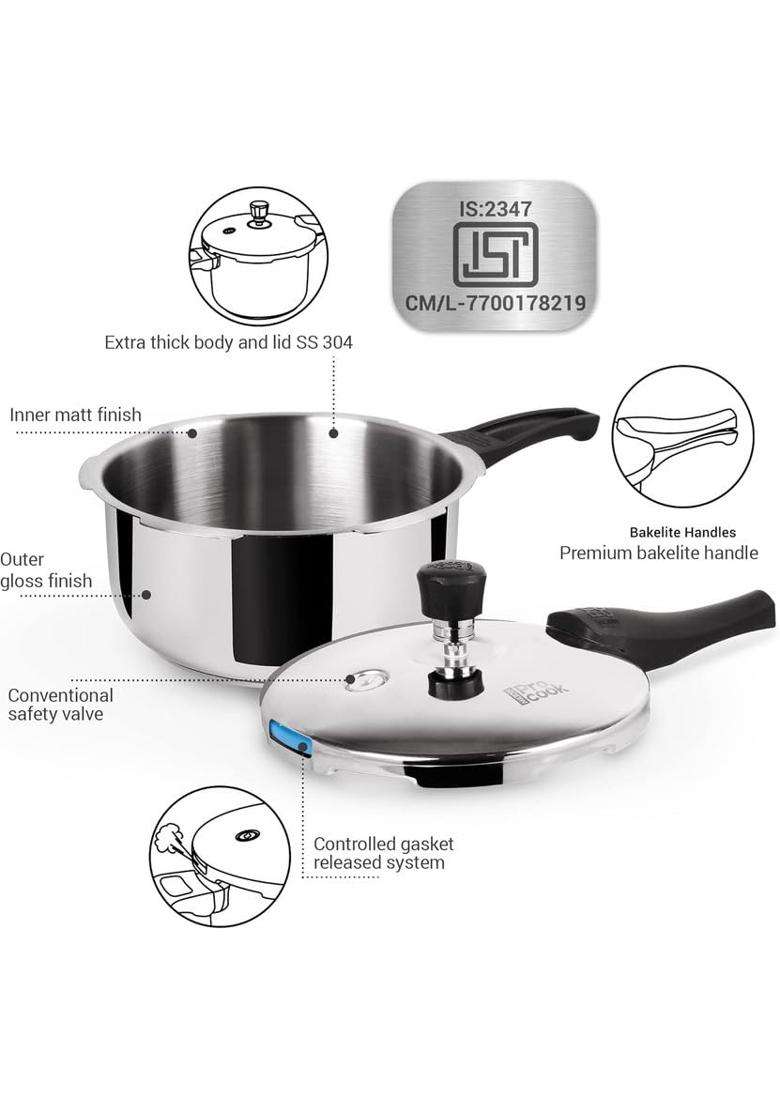 MILTON Pro Cook Sandwich Bottom Stainless Steel Pressure Cooker with Outer Lid | 2 L | 2.1 Qt | Induction Compatible | Food Safe - Indya