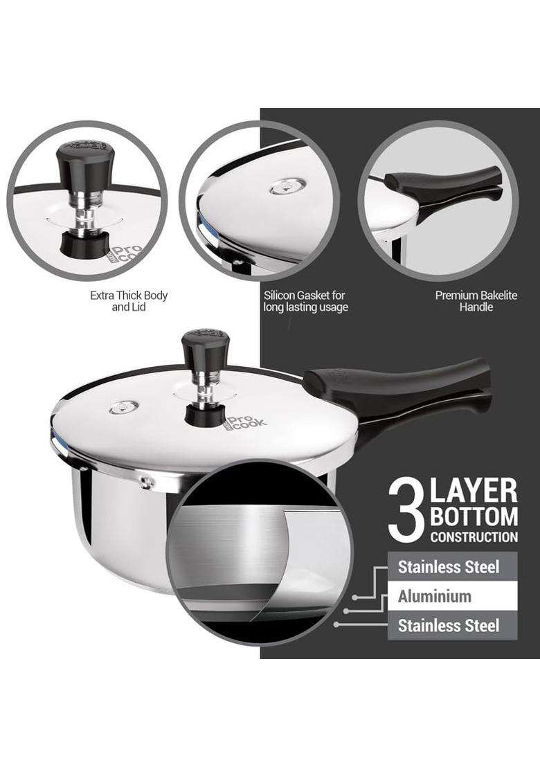 MILTON Pro Cook Sandwich Bottom Stainless Steel Pressure Cooker with Outer Lid | 2 L | 2.1 Qt | Induction Compatible | Food Safe - Indya
