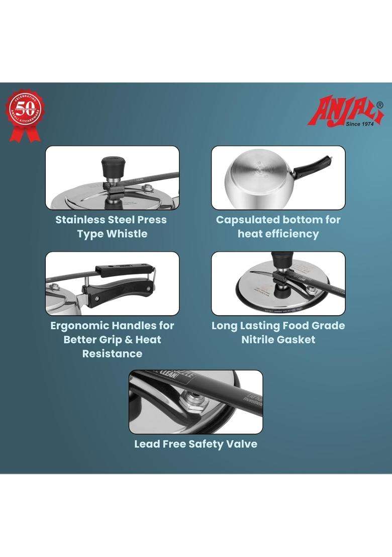 ANJALI Stainless Steel Pressure Cooker with Inner Lid | 2 L | 2.1 Qt | Induction Compatible - Indya