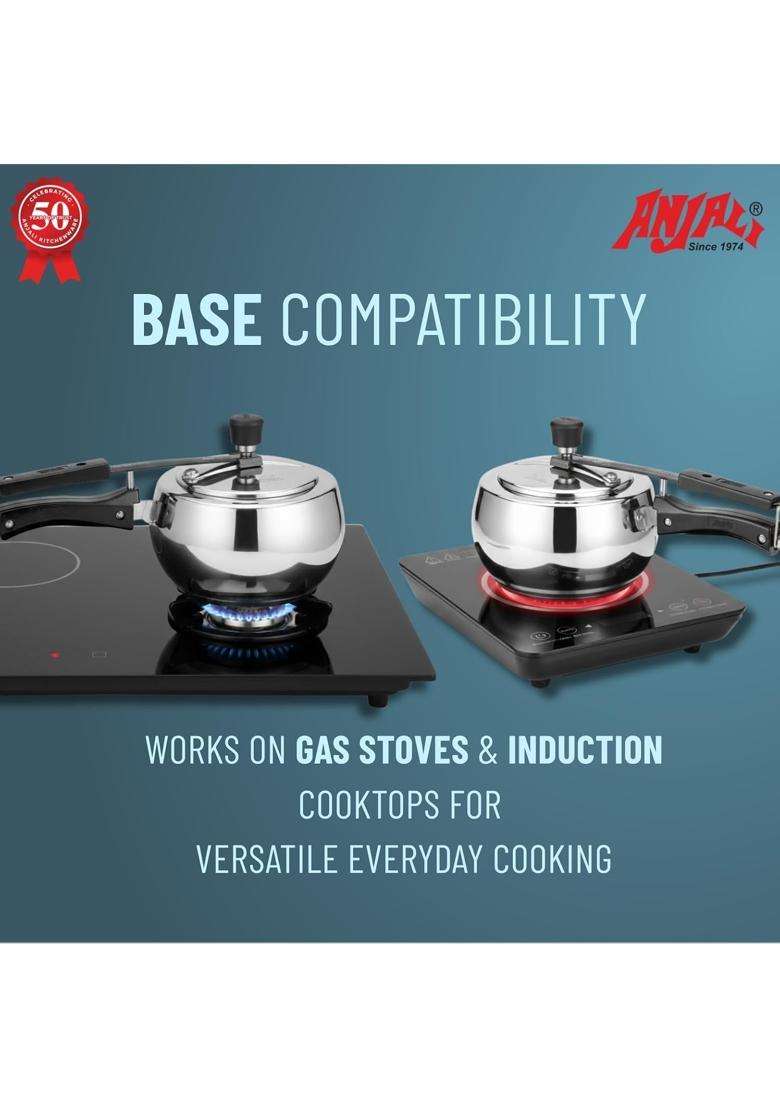 ANJALI Stainless Steel Pressure Cooker with Inner Lid | 2 L | 2.1 Qt | Induction Compatible - Indya