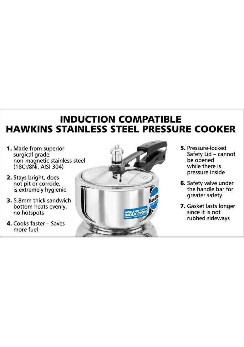 Hawkins Stainless Steel Pressure Cooker | 2 L | 2.1 Qt - Indya