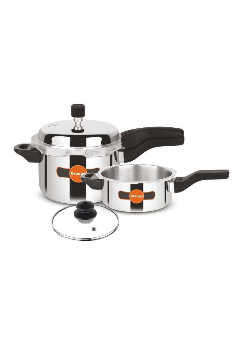 Orange Triply Stainless Steel Pressure Cooker Combo Set Include Glass Lid with Strong | 3 L | 3.2 Qt | Pack of 2 | Induction Compatible - Indya