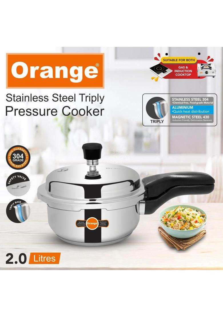 Orange Triply Stainless Steel Pressure Cooker Combo Set Include Glass Lid with Strong | 3 L | 3.2 Qt | Pack of 2 | Induction Compatible - Indya