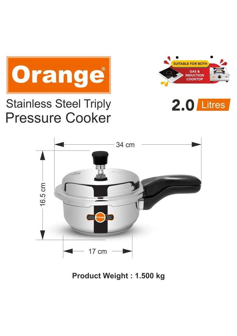 Orange Triply Stainless Steel Pressure Cooker Combo Set Include Glass Lid with Strong | 3 L | 3.2 Qt | Pack of 2 | Induction Compatible - Indya