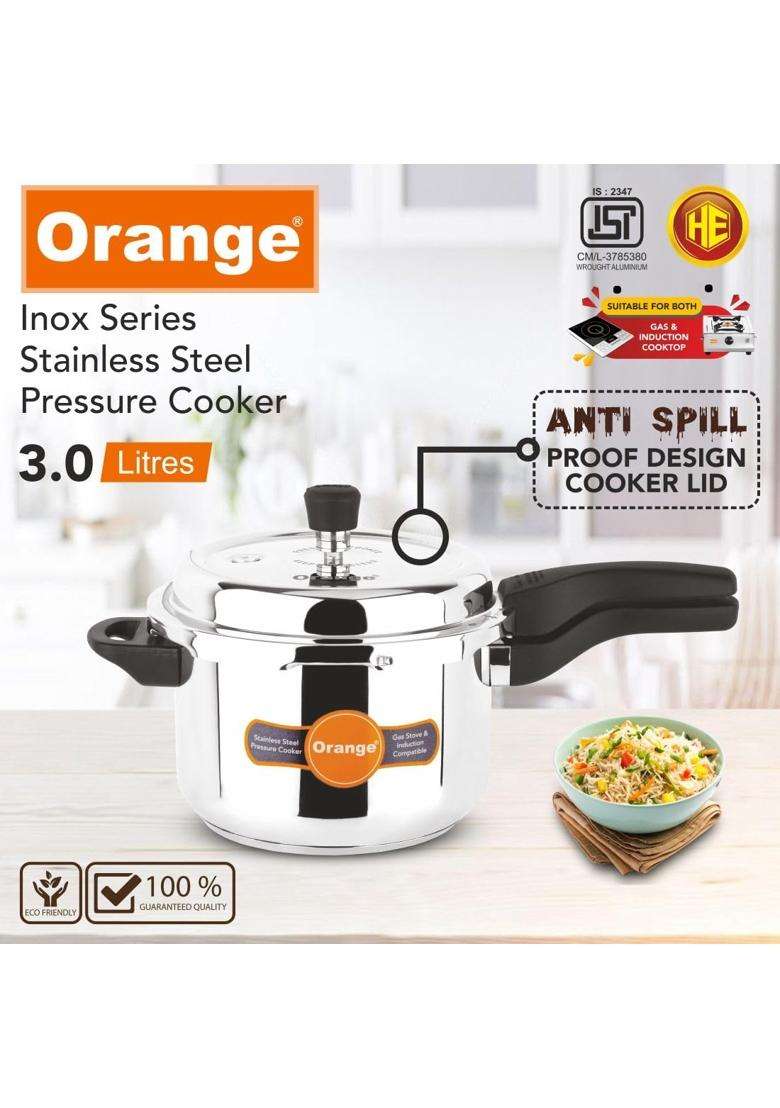 Orange Inox Series Stainless Steel Outer Lid Pressure Cooker with Strong Sturdy Handle | 3 L | 3.2 Qt | Induction Compatible - Indya