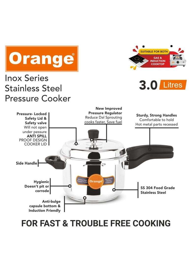 Orange Inox Series Stainless Steel Outer Lid Pressure Cooker with Strong Sturdy Handle | 3 L | 3.2 Qt | Induction Compatible - Indya