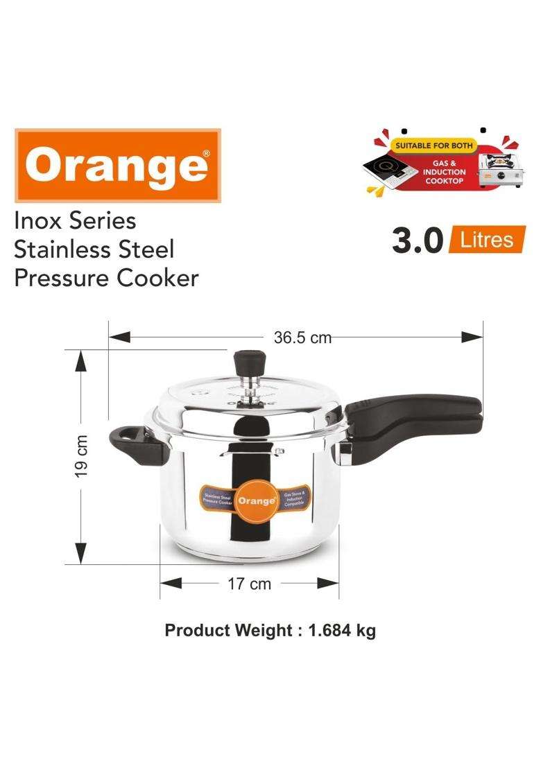 Orange Inox Series Stainless Steel Outer Lid Pressure Cooker with Strong Sturdy Handle | 3 L | 3.2 Qt | Induction Compatible - Indya