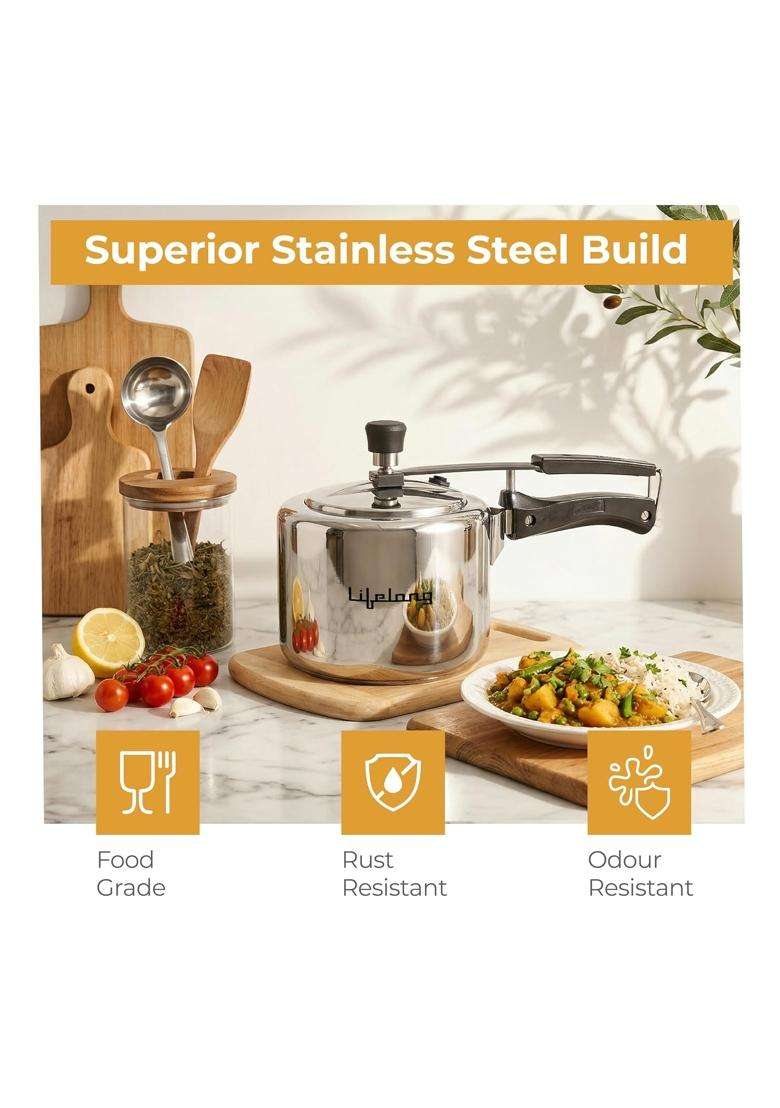 Lifelong Stainless Steel Pressure Cooker | 3 L | 3.2 Qt | Induction Compatible | Leak Proof | Rust Resistant - Indya