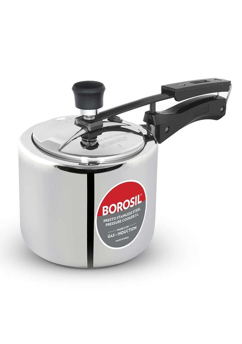 Borosil Presto Stainless Steel Pressure Cooker with Inner Lid | 3 L | 3.2 Qt | Induction Compatible | Food Safe - Indya