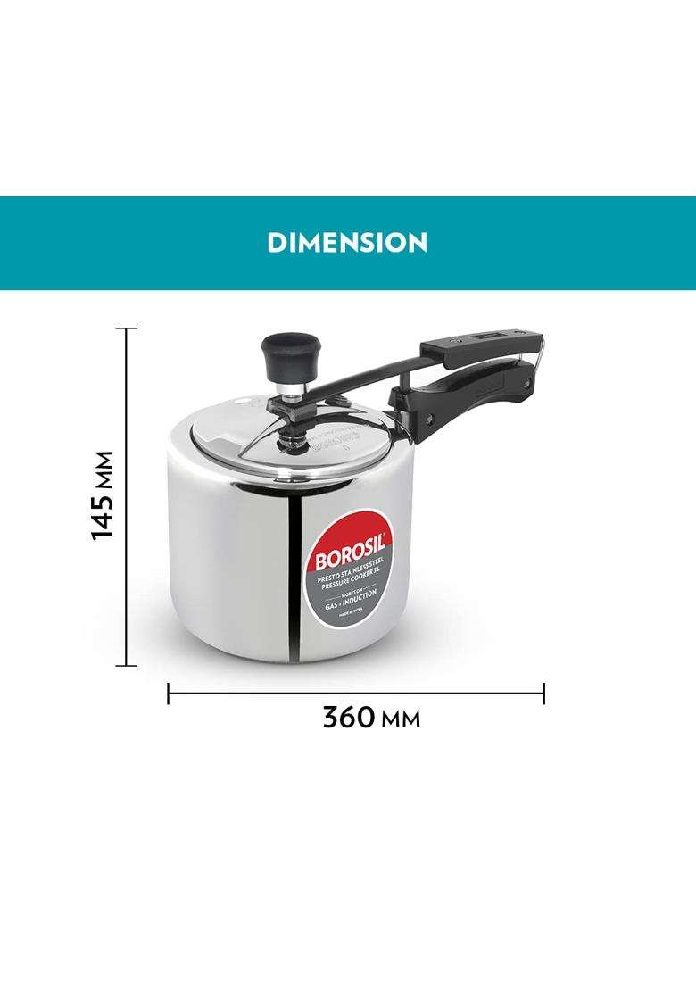Borosil Presto Stainless Steel Pressure Cooker with Inner Lid | 3 L | 3.2 Qt | Induction Compatible | Food Safe - Indya