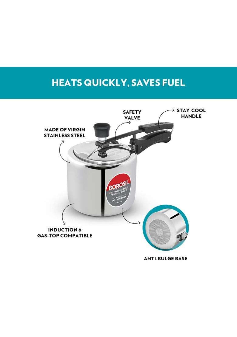 Borosil Presto Stainless Steel Pressure Cooker with Inner Lid | 3 L | 3.2 Qt | Induction Compatible | Food Safe - Indya