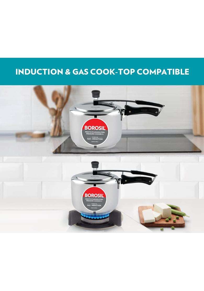 Borosil Presto Stainless Steel Pressure Cooker with Inner Lid | 3 L | 3.2 Qt | Induction Compatible | Food Safe - Indya