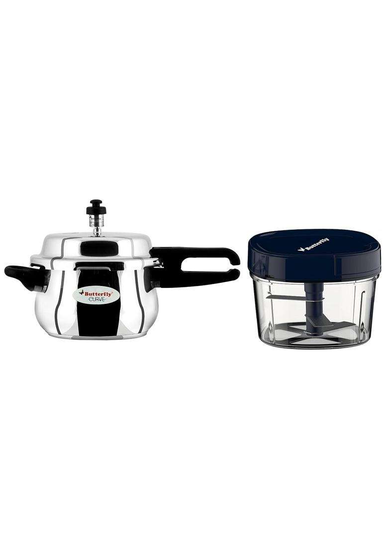 Butterfly Premium Plastic Vegetable Chopper Blue and Curve Stainless Steel Pressure Cooker | 3 L | 3.2 Qt - Indya