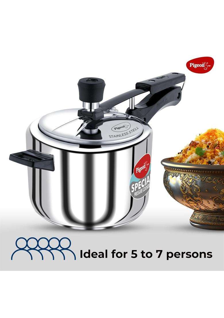 Pigeon Special Pressure Cooker Stainless Steel Inner Lid Capacity Sandwich Bottom | 5 L | 5.3 Qt | Induction Compatible - Indya