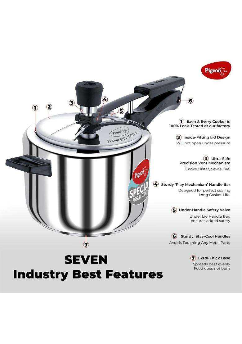 Pigeon Special Pressure Cooker Stainless Steel Inner Lid Capacity Sandwich Bottom | 5 L | 5.3 Qt | Induction Compatible - Indya