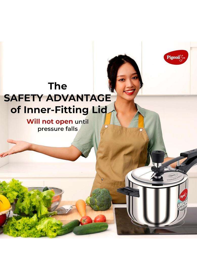 Pigeon Special Pressure Cooker Stainless Steel Inner Lid Capacity Sandwich Bottom | 5 L | 5.3 Qt | Induction Compatible - Indya