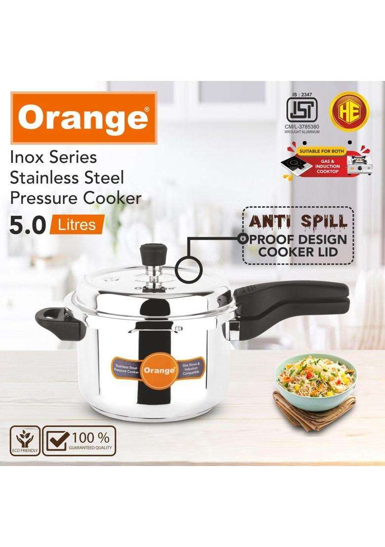 Orange Inox Series Stainless Steel Outer Lid Pressure Cooker with Strong Sturdy Handle | 5 L | 5.3 Qt | Induction Compatible - Indya