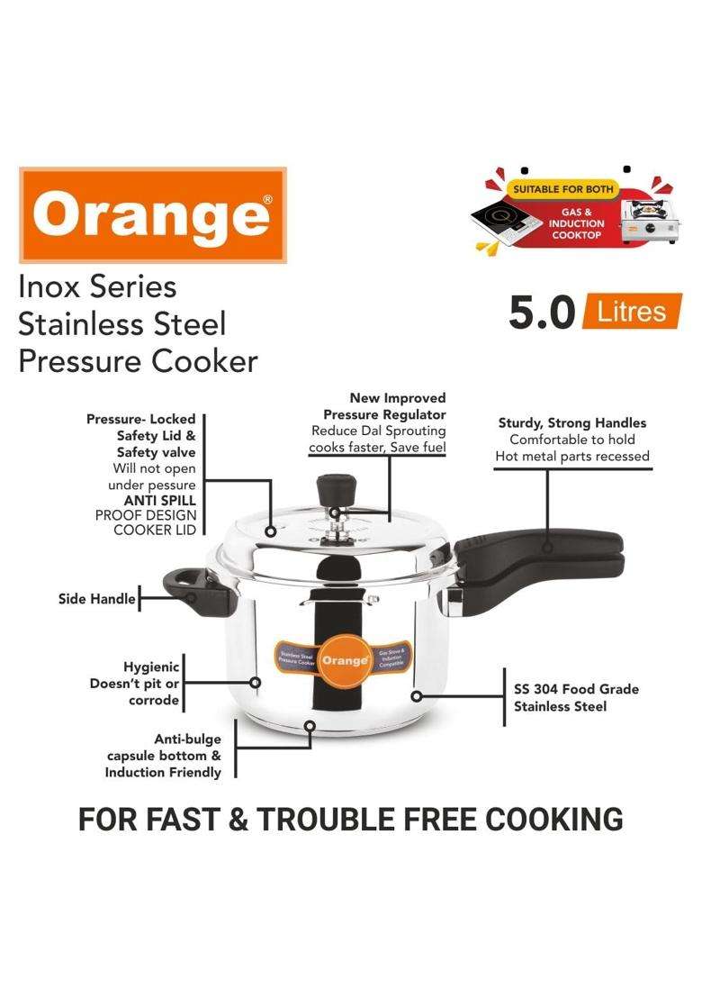 Orange Inox Series Stainless Steel Outer Lid Pressure Cooker with Strong Sturdy Handle | 5 L | 5.3 Qt | Induction Compatible - Indya