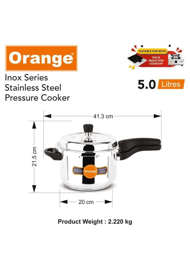 Orange Inox Series Stainless Steel Outer Lid Pressure Cooker with Strong Sturdy Handle | 5 L | 5.3 Qt | Induction Compatible - Indya