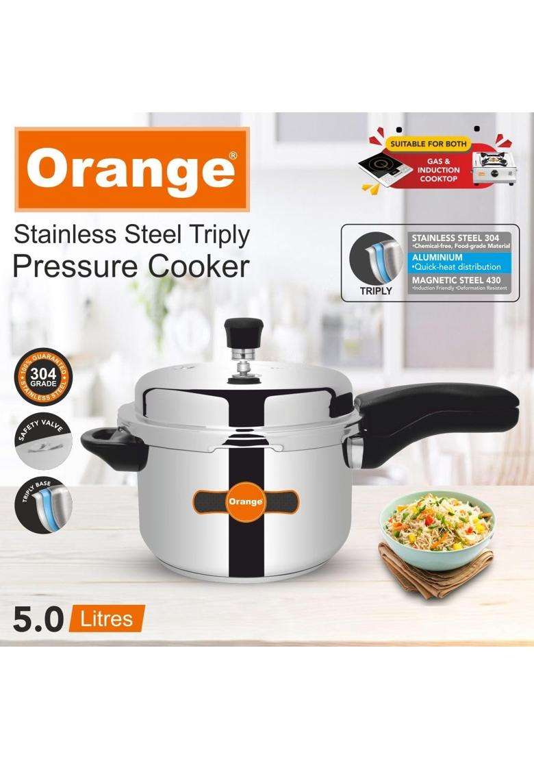Orange Triply Stainless Steel Outer Lid Pressure Cooker Capacity with Strong | 5 L | 5.3 Qt | Induction Compatible - Indya